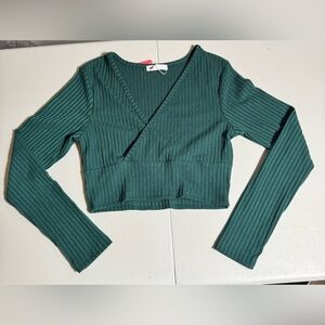 Romwe Green Ribbed Wrap Crop Top Long Sleeve Size Small NWT